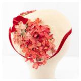 Floral Fascinator Headpiece - Pink Coral Flowers & Red Velvet Trim