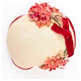 Floral Fascinator Headpiece - Pink Coral Flowers & Red Velvet Trim