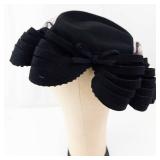 Black Felt Cloche Hat - Ribbon Loop Accent & Netting