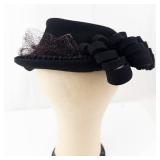 Black Felt Cloche Hat - Ribbon Loop Accent & Netting