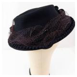 Black Felt Cloche Hat - Ribbon Loop Accent & Netting