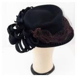 Black Felt Cloche Hat - Ribbon Loop Accent & Netting