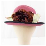 Pink Felt Cloche Hat With Black Ribbon & Floral Accent