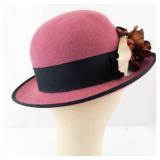 Pink Felt Cloche Hat With Black Ribbon & Floral Accent