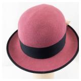Pink Felt Cloche Hat With Black Ribbon & Floral Accent