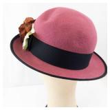 Pink Felt Cloche Hat With Black Ribbon & Floral Accent