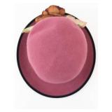 Pink Felt Cloche Hat With Black Ribbon & Floral Accent