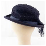 Navy Felt Cloche Hat - Net Overlay with Ribbon Bow