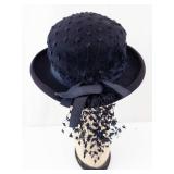 Navy Felt Cloche Hat - Net Overlay with Ribbon Bow