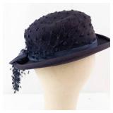 Navy Felt Cloche Hat - Net Overlay with Ribbon Bow