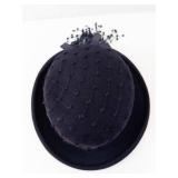 Navy Felt Cloche Hat - Net Overlay with Ribbon Bow
