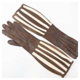 Brown Leather Gloves with Cream Striped Cuffs - Vintage Gauntlet Style
