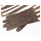 Brown Leather Gloves with Cream Striped Cuffs - Vintage Gauntlet Style