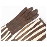 Brown Leather Gloves with Cream Striped Cuffs - Vintage Gauntlet Style