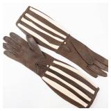 Brown Leather Gloves with Cream Striped Cuffs - Vintage Gauntlet Style