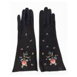 Black Long Gloves - Floral Embroidery Motif, Opera Length Pair