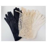 Ladies Vintage Dress Gloves - Black Leather, Beige Lace & White Dress (Lot of 3 pairs)