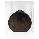 Vintage Round Leather Case For Storage For Hats Etc.- Patterned Interior