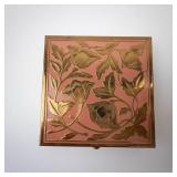 Powder Compact - Pink Enamel with Gold Floral Vine Design - Vintage Vanity Box
