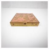 Powder Compact - Pink Enamel with Gold Floral Vine Design - Vintage Vanity Box