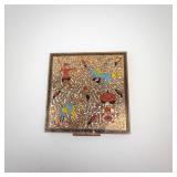 Vintage Gold-Tone Powder Compact with Enamel Scene, 2.5 in Square, Mirror