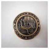 Gold-Tone Round Powder Compact - Scenic Enamel Canal Scene