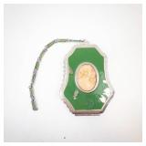 Vintage Green Enamel Cameo Locket Compact with Mirror & Chain