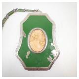 Vintage Green Enamel Cameo Locket Compact with Mirror & Chain