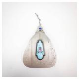 Makeup Compact - Vintage Silver-Tone Teardrop With Blue Cabochon And Floral Engraving