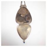 Makeup Compact - Vintage Silver-Tone Teardrop With Blue Cabochon And Floral Engraving