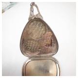 Makeup Compact - Vintage Silver-Tone Teardrop With Blue Cabochon And Floral Engraving