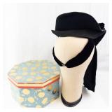 Black Velvet Hat with Ribbon - Vintage Floral Cannon Hat Box