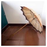Vintage Parasol Umbrella - Beige Canopy with Brown Trim