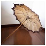 Vintage Parasol Umbrella - Beige Canopy with Brown Trim