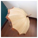 Vintage Parasol Umbrella - Beige Canopy with Brown Trim