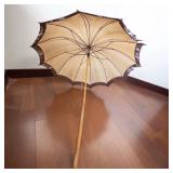 Vintage Parasol Umbrella - Beige Canopy with Brown Trim