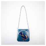 Vintage Teal Enamel Powder Compact Purse with Silver Frame & Chain - Art Deco