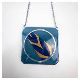 Vintage Teal Enamel Powder Compact Purse with Silver Frame & Chain - Art Deco