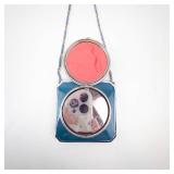 Vintage Teal Enamel Powder Compact Purse with Silver Frame & Chain - Art Deco