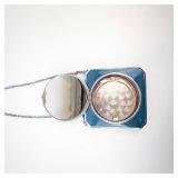 Vintage Teal Enamel Powder Compact Purse with Silver Frame & Chain - Art Deco