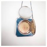 Vintage Teal Enamel Powder Compact Purse with Silver Frame & Chain - Art Deco