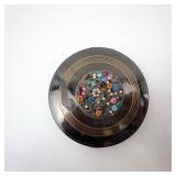 Powder Compact - Vintage Round Black Lacquer With Multicolor Rhinestone Centerpiece