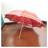 Vintage Red Umbrella With Wooden Shaft - Canopy With White Stripes Edge