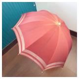 Vintage Red Umbrella With Wooden Shaft - Canopy With White Stripes Edge