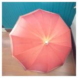 Vintage Red Umbrella With Wooden Shaft - Canopy With White Stripes Edge