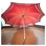 Vintage Red Umbrella With Wooden Shaft - Canopy With White Stripes Edge