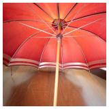Vintage Red Umbrella With Wooden Shaft - Canopy With White Stripes Edge