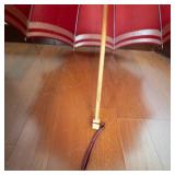 Vintage Red Umbrella With Wooden Shaft - Canopy With White Stripes Edge