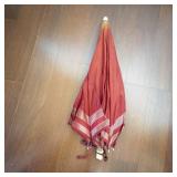 Vintage Red Umbrella With Wooden Shaft - Canopy With White Stripes Edge