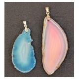 Pair of Agate Slice Dyed Pendants, Blue and Pink